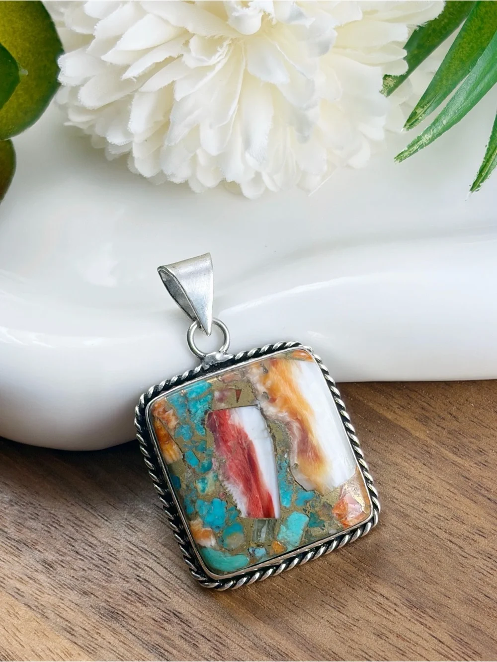 Southwest Square Oyster Turquoise Pendant Sterling Silver 925 Overlay Handmade